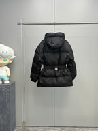 Prada black hooded puffer coat with belt and quilted panels, back view