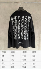 Black long-sleeve crewneck sweatshirt with back graphic and size chart shown