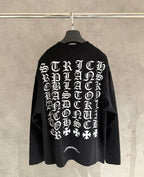 Black long-sleeve crewneck sweatshirt with large back typographic graphic