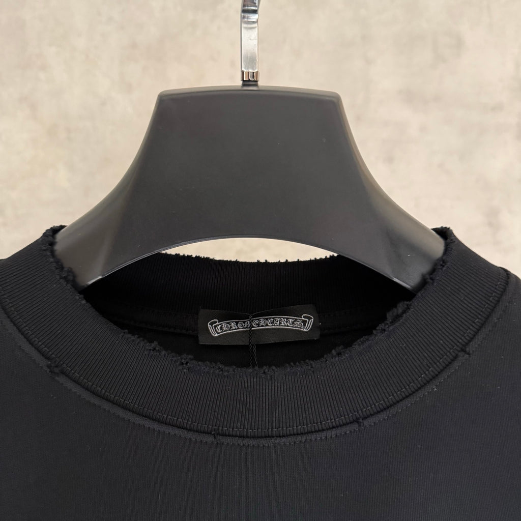 Black long-sleeve crewneck sweatshirt collar with ribbed neckline and seam detail
