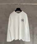 White long-sleeve shirt on hanger, small chest emblem print