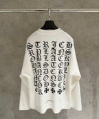 White long-sleeve shirt on hanger, large back gothic letter print