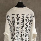 White long-sleeve shirt with large back gothic lettering print