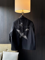 Amiri dark button-up shirt with large back bird embroidery and script