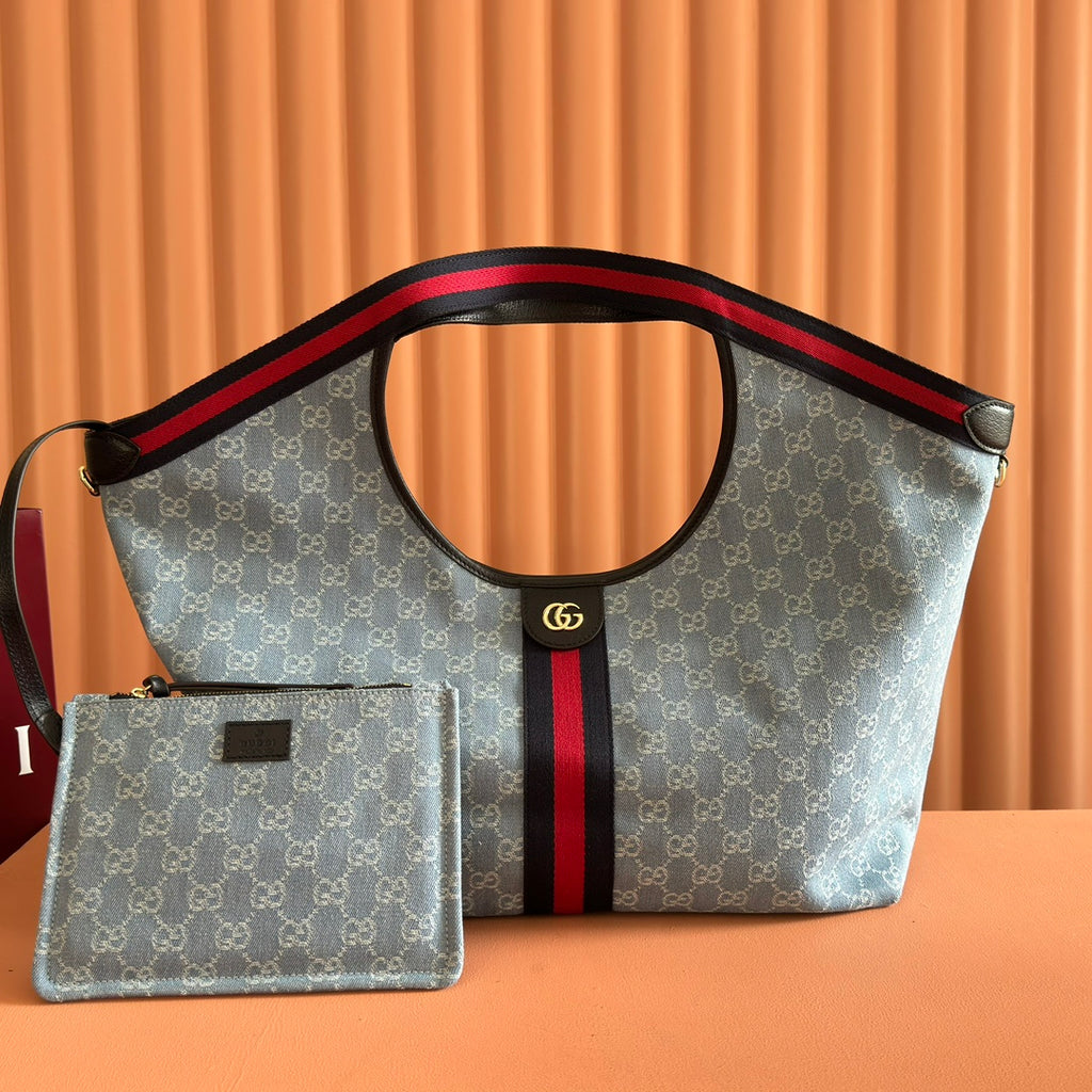 Gucci tote bag with blue monogram, red/black stripe and zip pouch