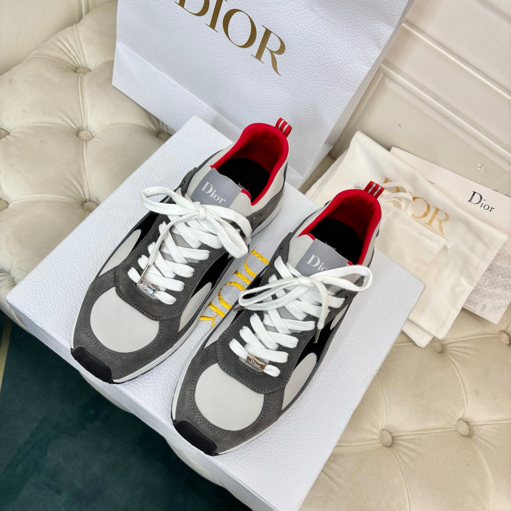 Dior unisex sneakers, gray/black/white with red trim, white laces
