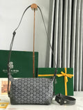 Goyard bag in dark gray monogram canvas with top handles and crossbody strap