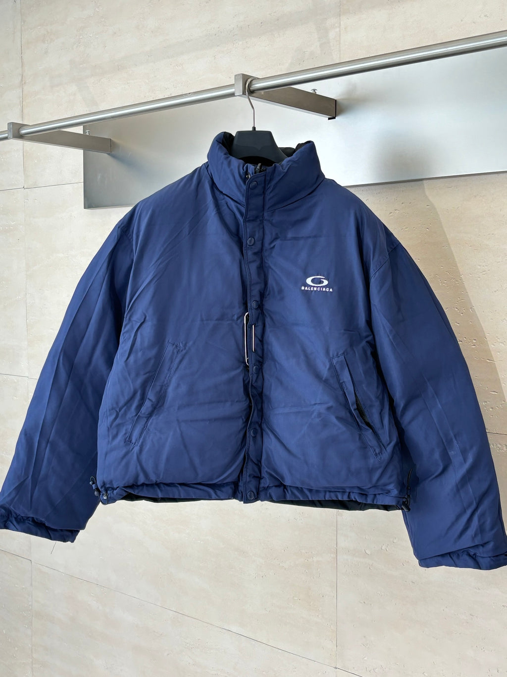 Balenciaga long puffer jacket, blue with zip-front and stand collar