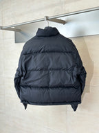 Balenciaga long puffer jacket, dark navy back view with quilted panels
