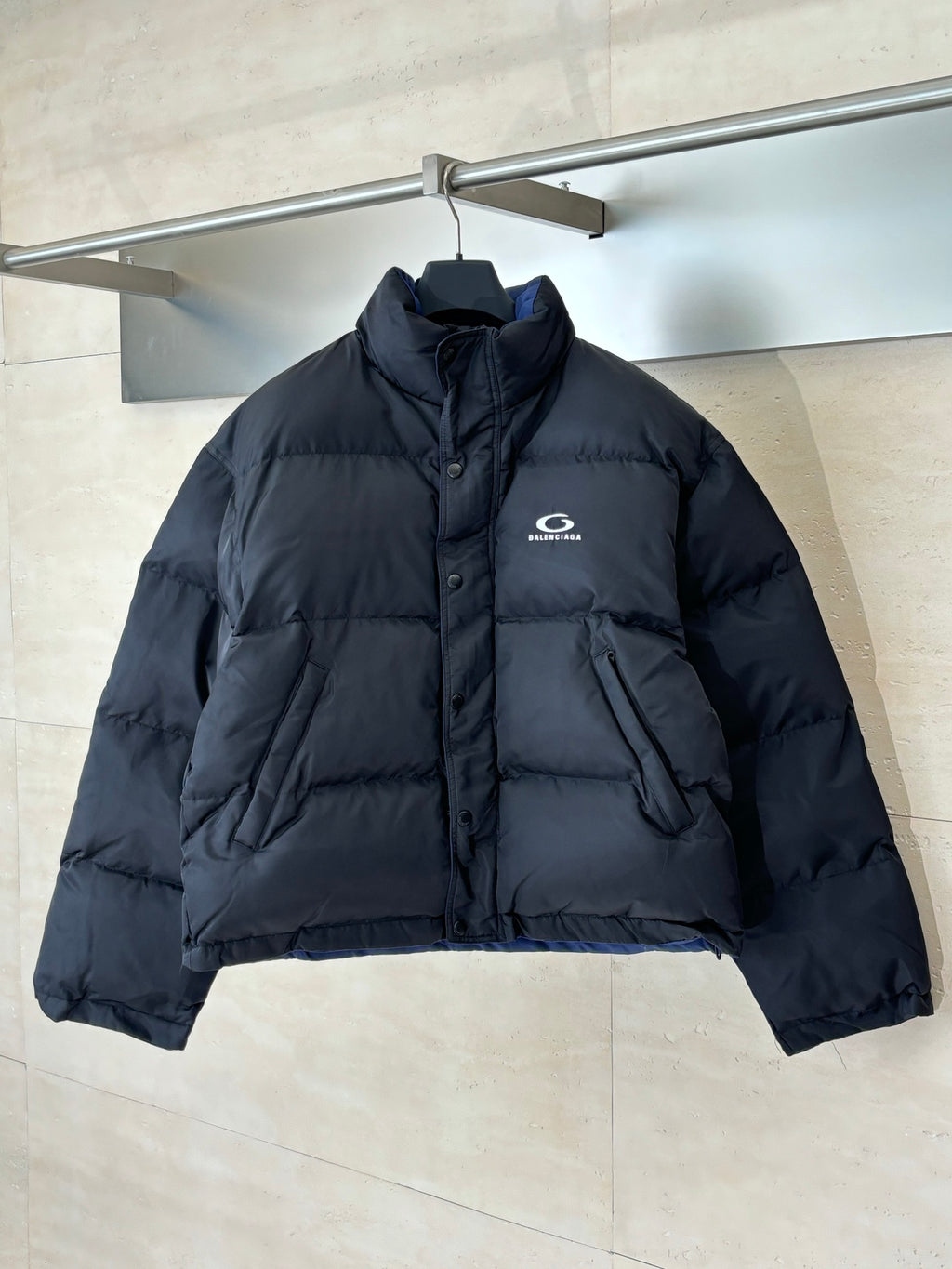 Balenciaga long puffer jacket, dark navy with zip-front and stand collar