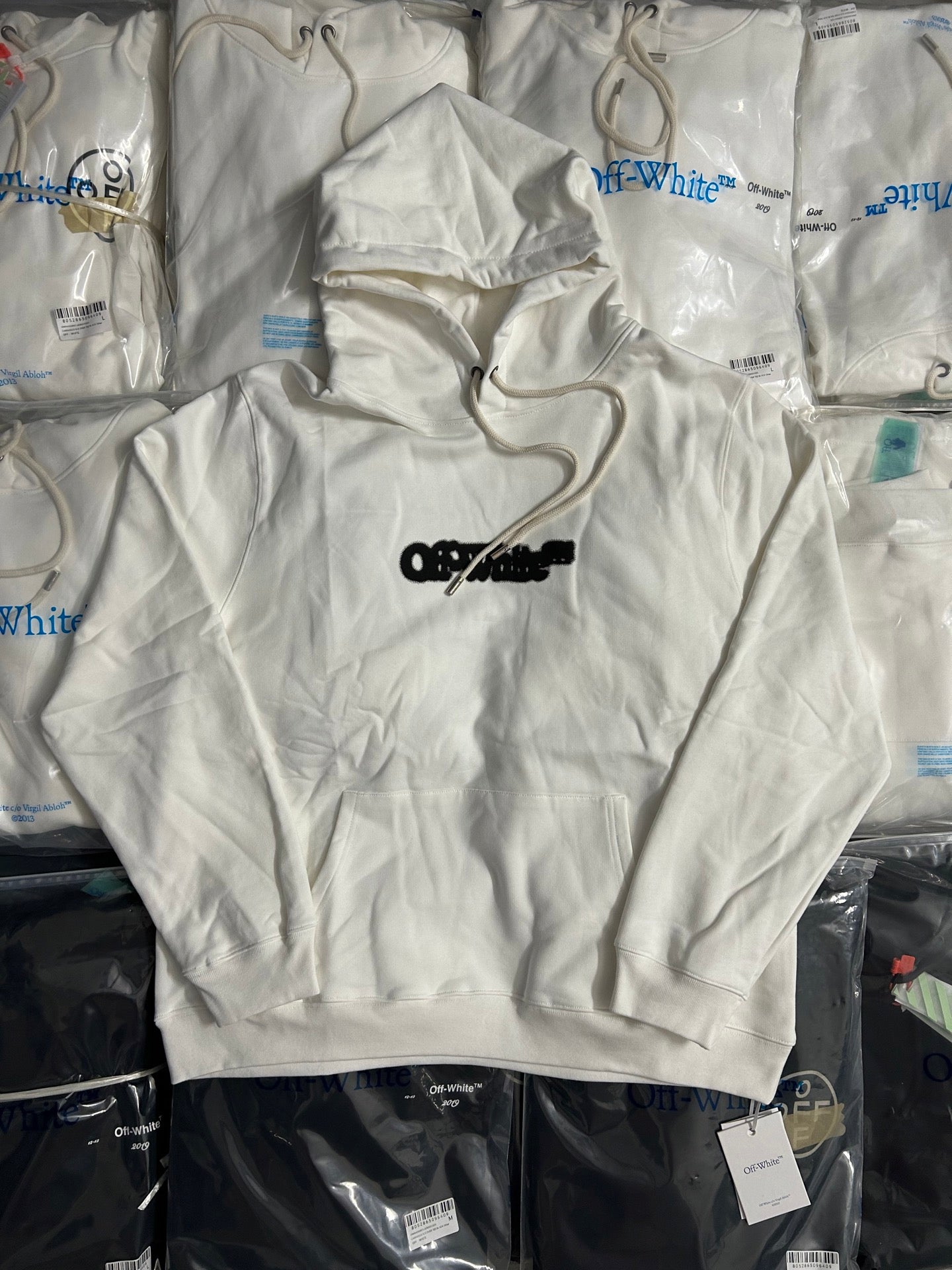 Off-White off-white hoodie sweatshirt with black logo graphic and drawstring hood