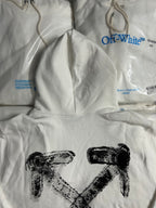 White hoodie with hood and large black X graphic print on front