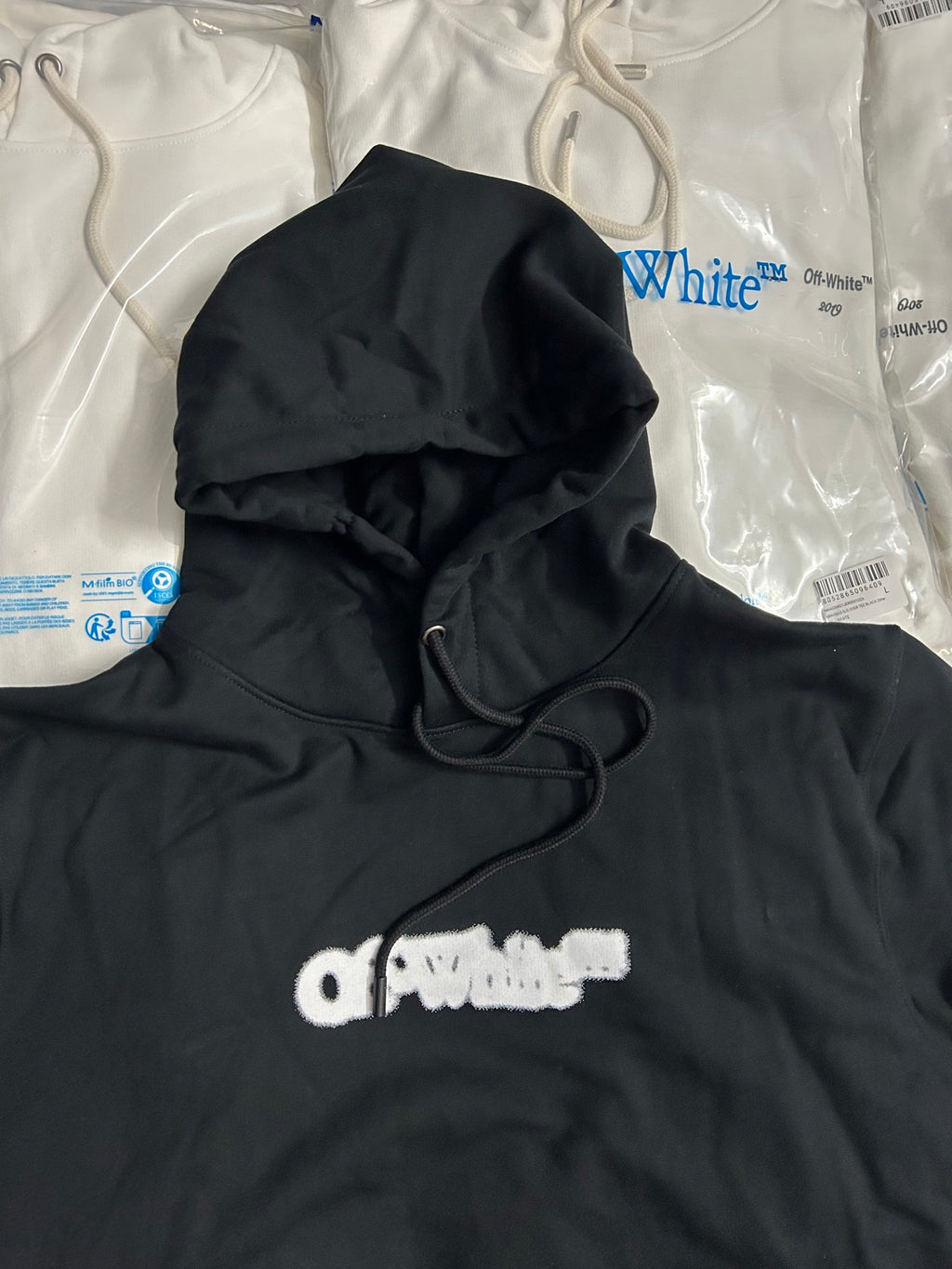 Black pullover hoodie with hood strings and small front logo print