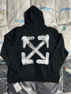Black pullover hoodie with large white arrow logo on back