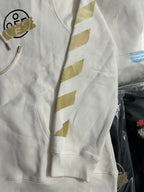 Off-White hooded sweatshirt side view, gold graphic pattern on off-white sleeve