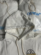 Off-White hooded sweatshirt with off-white hood and gold logo graphic on front