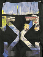 Off-White black hoodie back graphic with blue, yellow, and black collage
