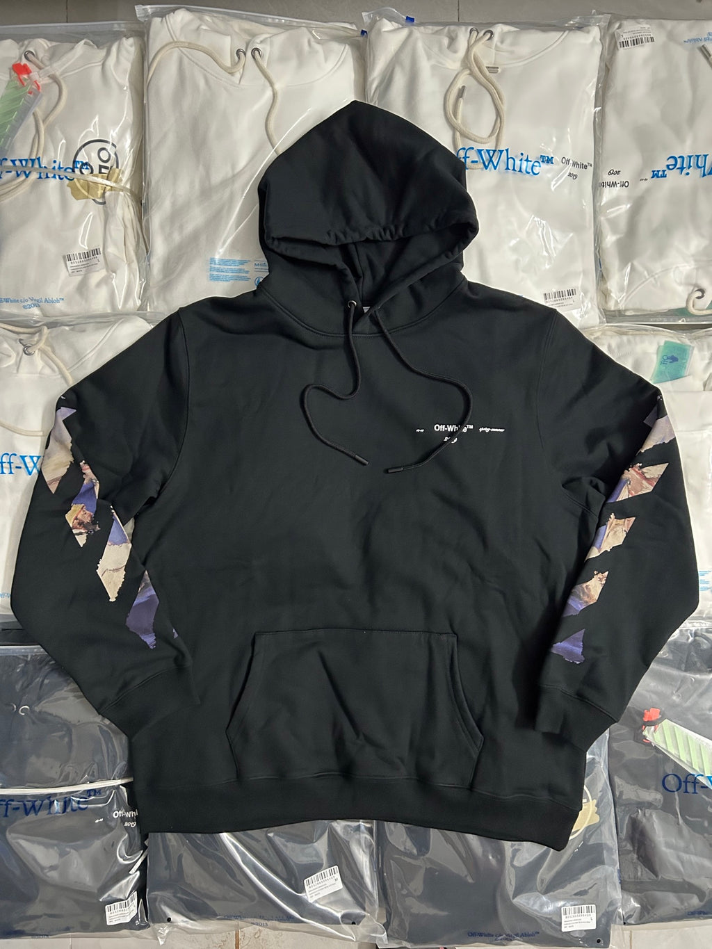 Off-White black hoodie, front pouch pocket, drawstring hood