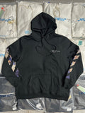 Black pullover hoodie with adjustable hood, front kangaroo pocket, and long sleeves