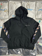 Black pullover hoodie with adjustable hood, front kangaroo pocket, and long sleeves