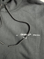 Black hoodie chest area with drawstring cords and small printed text