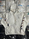 Off-White white hoodie with front kangaroo pocket and abstract blue graphic sleeves