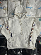 Off-White white hoodie with front kangaroo pocket and abstract blue graphic sleeves