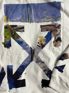 Off-White white hoodie back with bold blue abstract graphic and painterly strokes