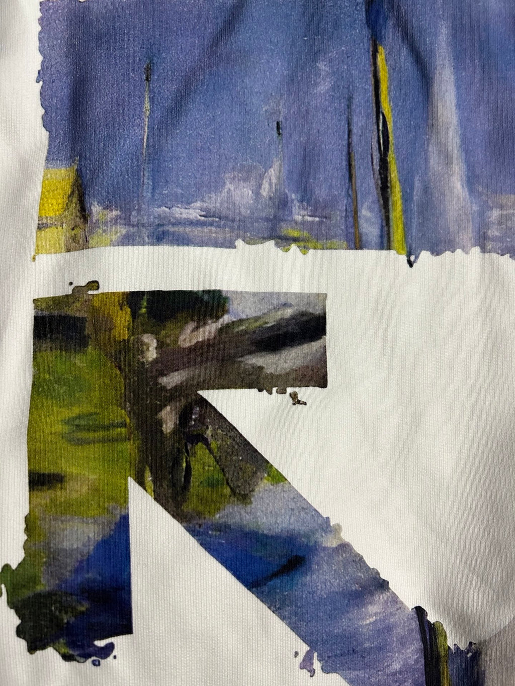 Off-White white hoodie back closeup of blue and green abstract artwork