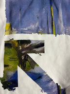 Off-White white hoodie back closeup of blue and green abstract artwork