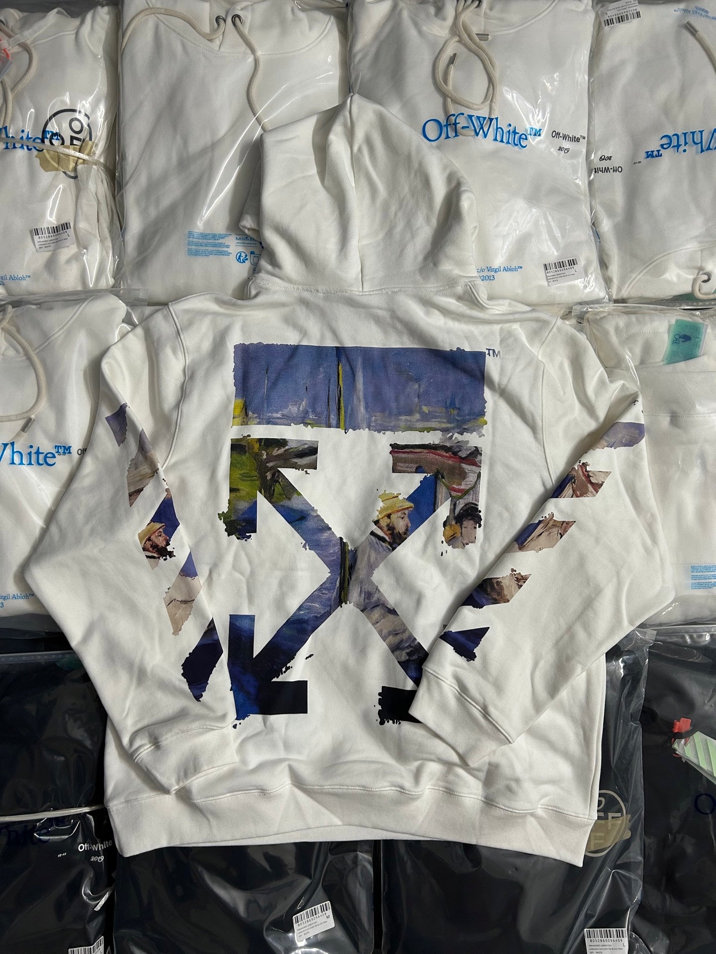 Off-White white hoodie back with large abstract blue graphic print