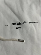 Off-White 2019 logo on white hoodie drawstring tip and knit fabric
