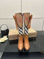 Burberry check ankle boots with tan leather, bow ties at the shaft, block heel