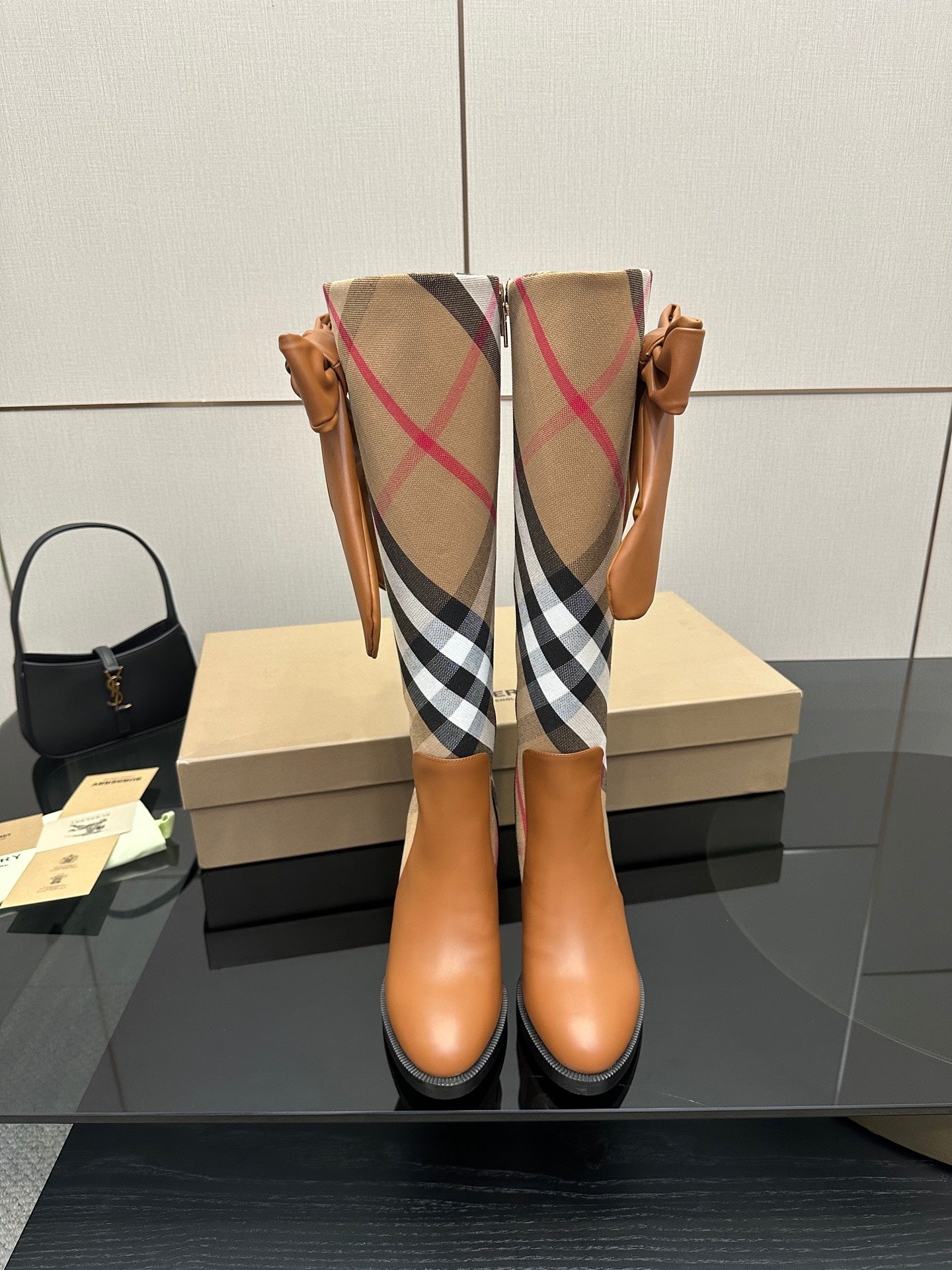 Burberry check ankle boots with tan leather, bow ties at the shaft, block heel
