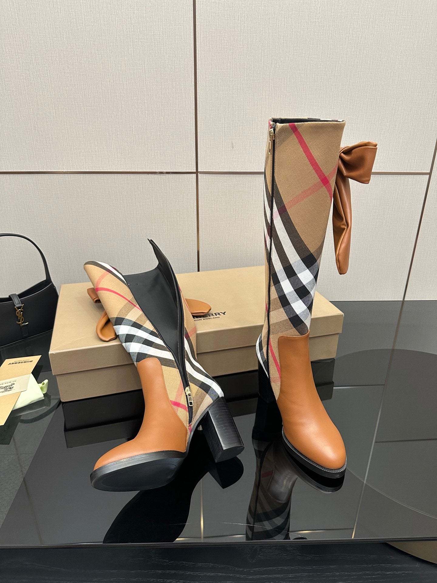 Burberry check ankle boots with tan leather, bow at cuff, sculpted block heel