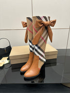 Burberry check ankle boots with tan leather, side bow detail, mid-height block heel