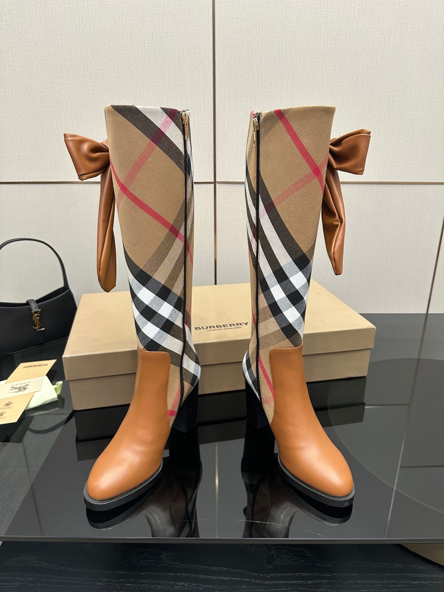 Burberry check ankle boots with tan leather, bow at top, pointed toe, block heel