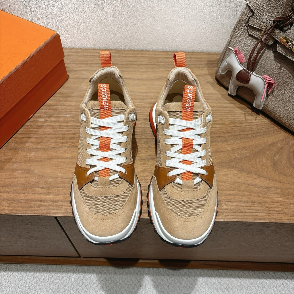 Hermes unisex sneakers in beige and brown with white laces and orange heel tab