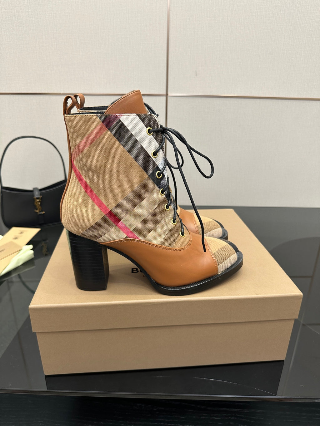 Tan check lace-up ankle boots with black laces and chunky block heel