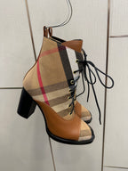 Tan check lace-up ankle boot with black laces and mid-height heel, side view