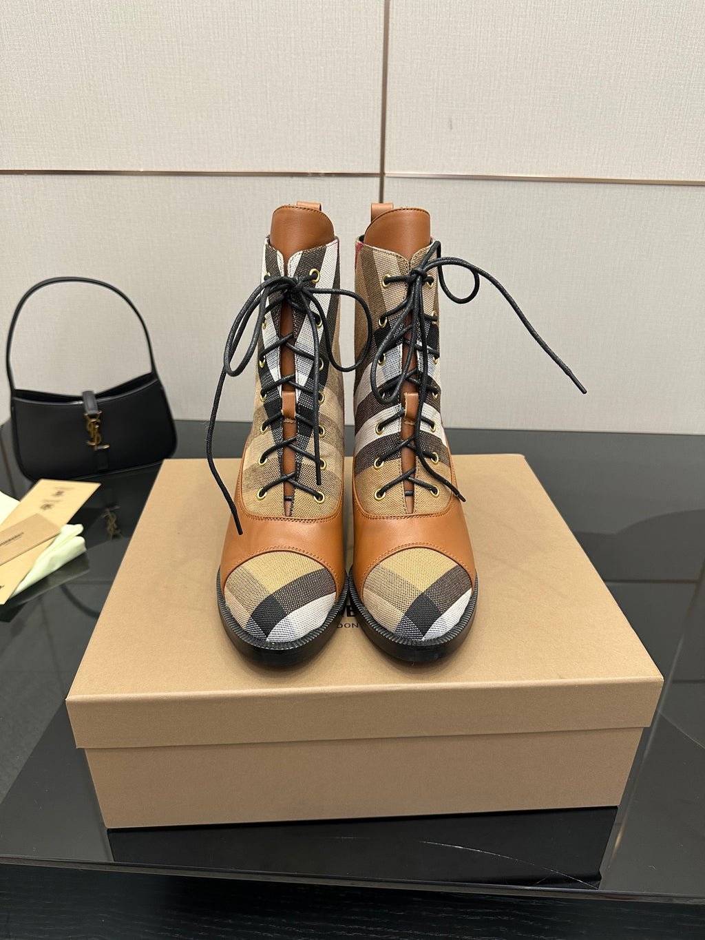 Tan Burberry check lace-up ankle boots with dark rubber sole and block heel