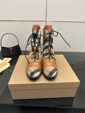 Tan Burberry check lace-up ankle boots with dark rubber sole and block heel