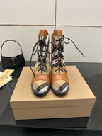 Tan Burberry check lace-up ankle boots with dark rubber sole and block heel