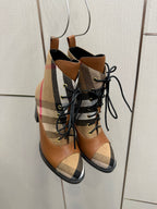 Tan Burberry check lace-up ankle boots, front view, with black laces
