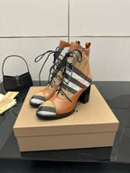 Tan check lace-up ankle boots with black block heel and round toe