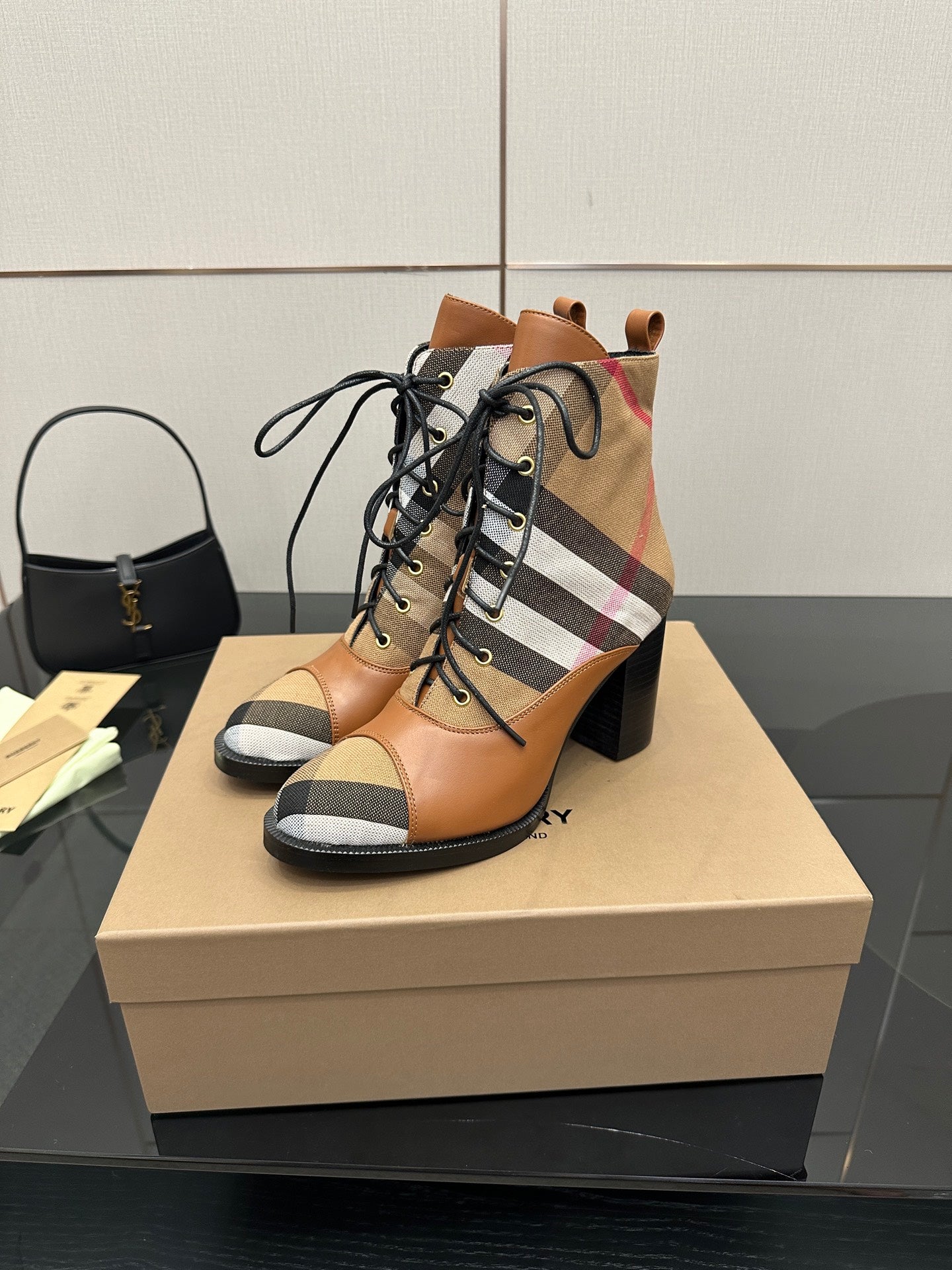 Tan check lace-up ankle boots with black block heel and round toe