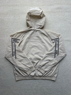 Prada hooded jacket in light beige, back view with hood and logo sleeve panels.