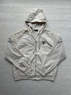 Prada hooded jacket in light beige, full zip, front logo and adjustable hood.