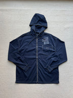 Men's navy hooded zip jacket with adjustable drawstring