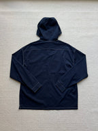 Men's navy hooded zip jacket, full back view with stitched panels